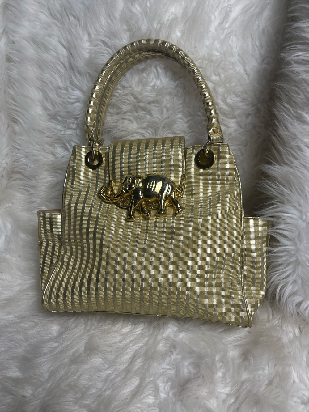 Gold Striped coated fabric Satchel Gold tone Elephant-Embellished